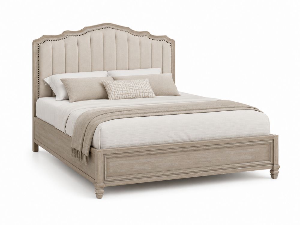 Cama de Madera Maciza con Cabecero Acolchado de Tela Beige 200x150 cm-stonevilae