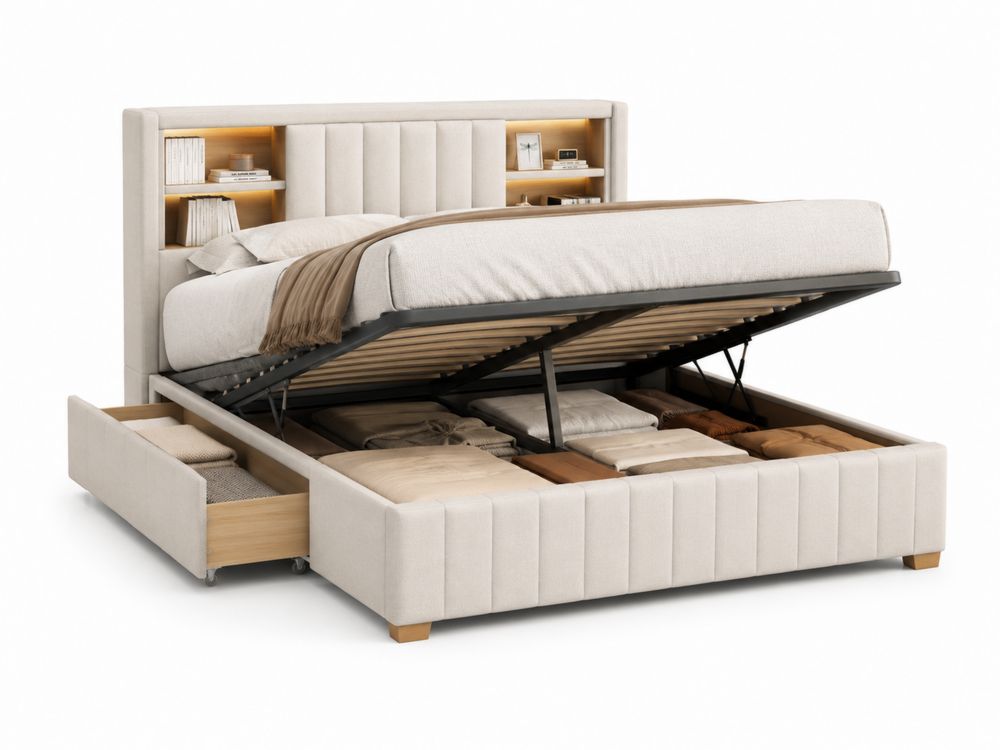 Cama tapizada beige con almacenamiento y cabecero con estantes de madera 200x160 cm-stonevilae