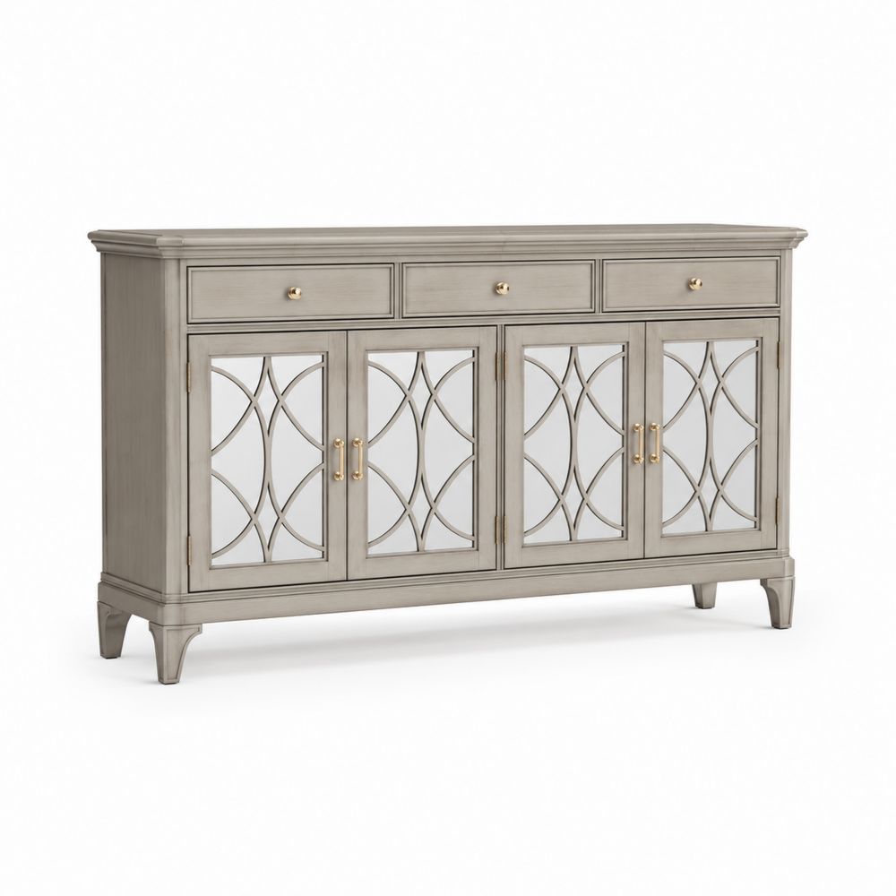 Aparador de madera con puertas de cristal templado y detalles de acero 160x40x90 cm Gris-stonevilae
