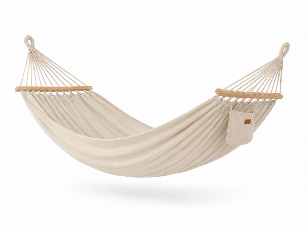Hamaca de Algodón Beige con Barra de Madera 200cm x 150cm-stonevilae