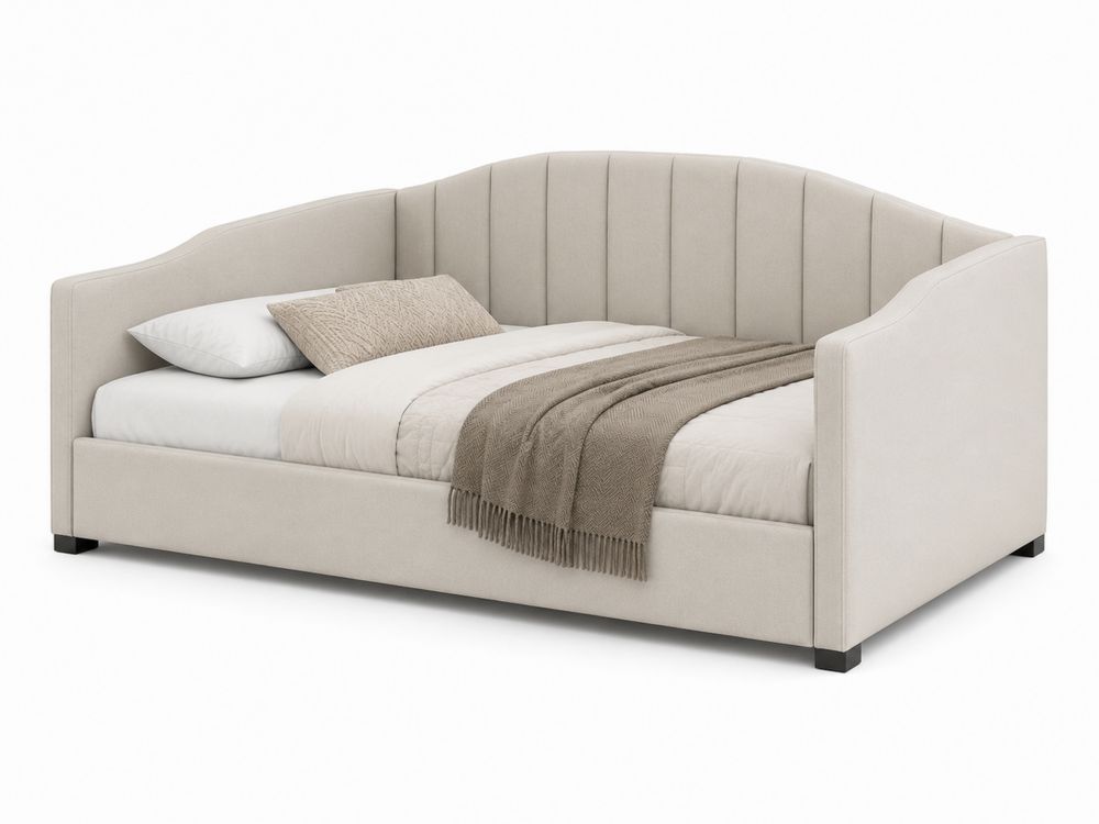 Cama con tapizado de poliéster beige y respaldo curvado-stonevilae