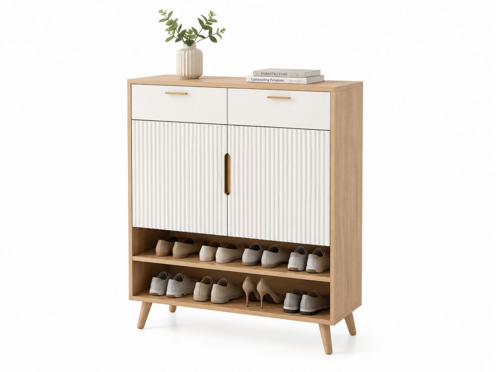 Zapatero de Madera Chapada con Cajones y Puertas Roble y Blanco-stonevilae
