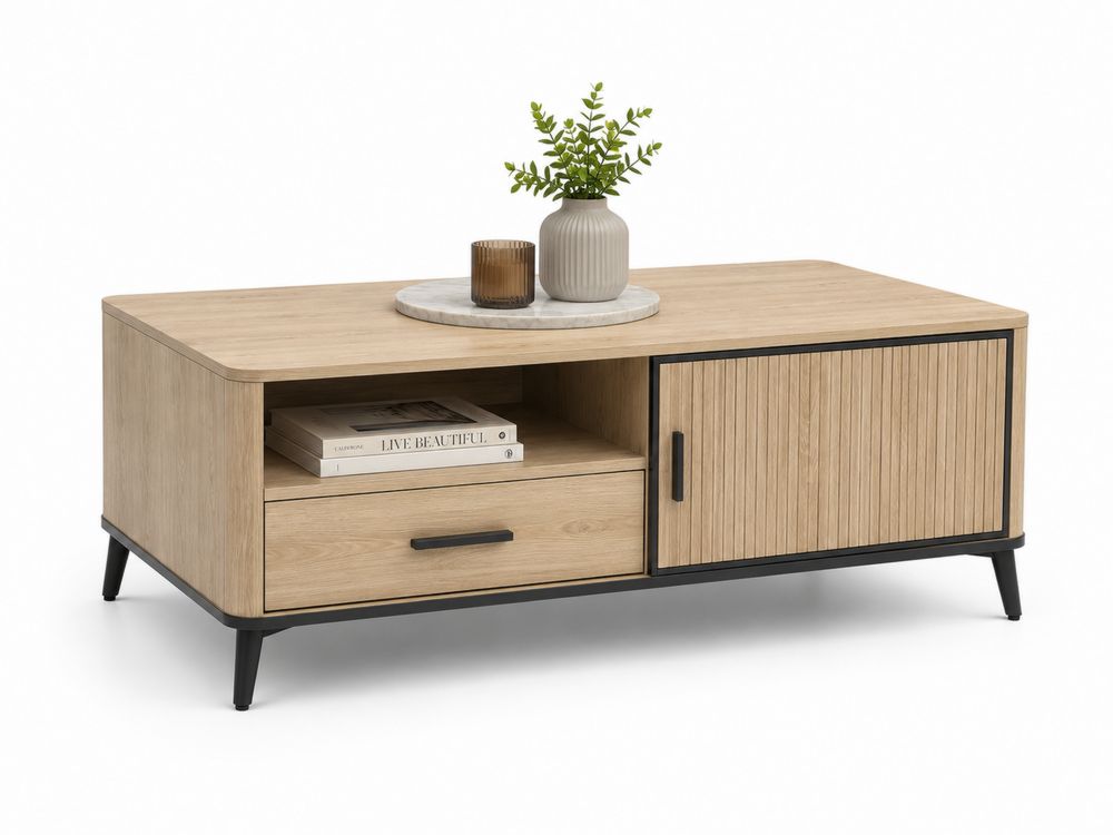 Mesa de centro de MDF y metal con almacenamiento Roble claro 100x50x45cm-stonevilae