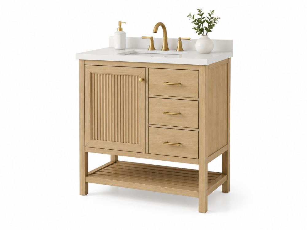 Mueble de baño de roble claro con lavabo de superficie-stonevilae