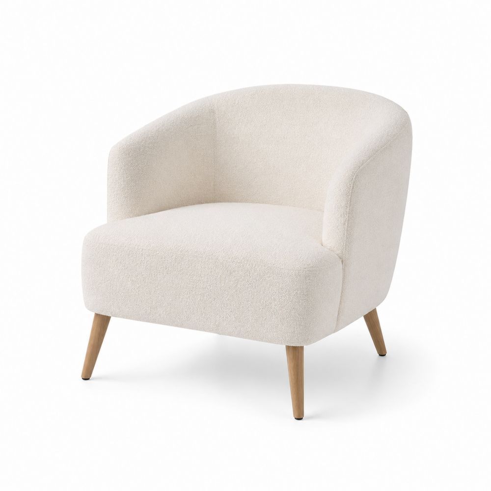 Silla de tela bouclé con patas de madera, 70x70x75 cm, color Marfil-stonevilae