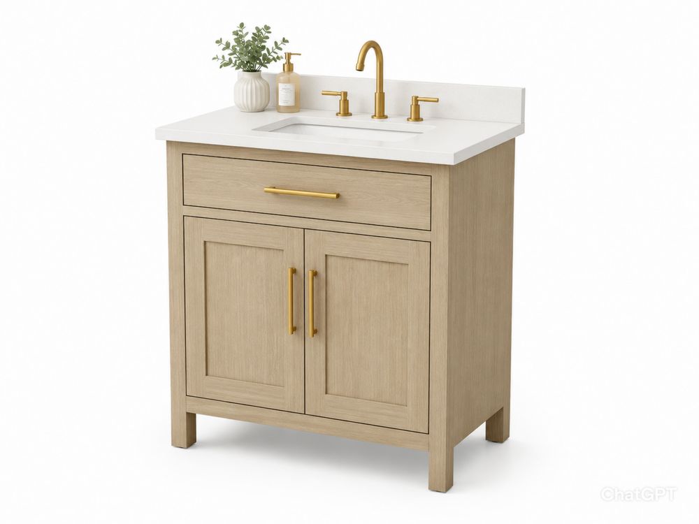 Mueble de baño de Madera de Roble y Mármol Blanco con Grifería Dorada-stonevilae