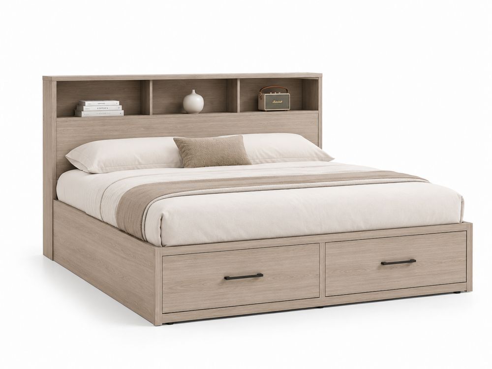 Cama de madera con almacenamiento y cabecero con estantes 200x160 cm-stonevilae