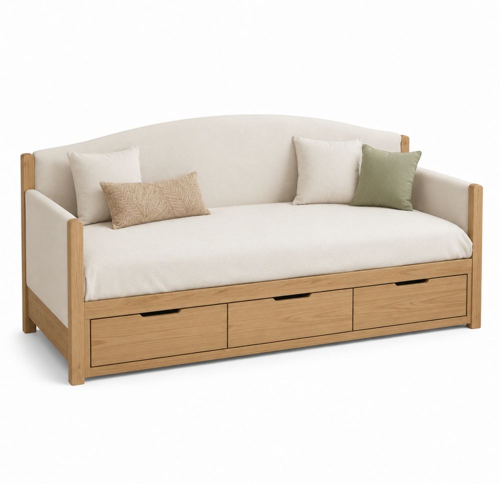 Sofá cama de madera de roble con almacenamiento y cojines-stonevilae