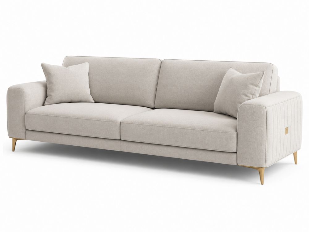 Sofá de tres plazas de lino beige con patas de metal doradas-stonevilae