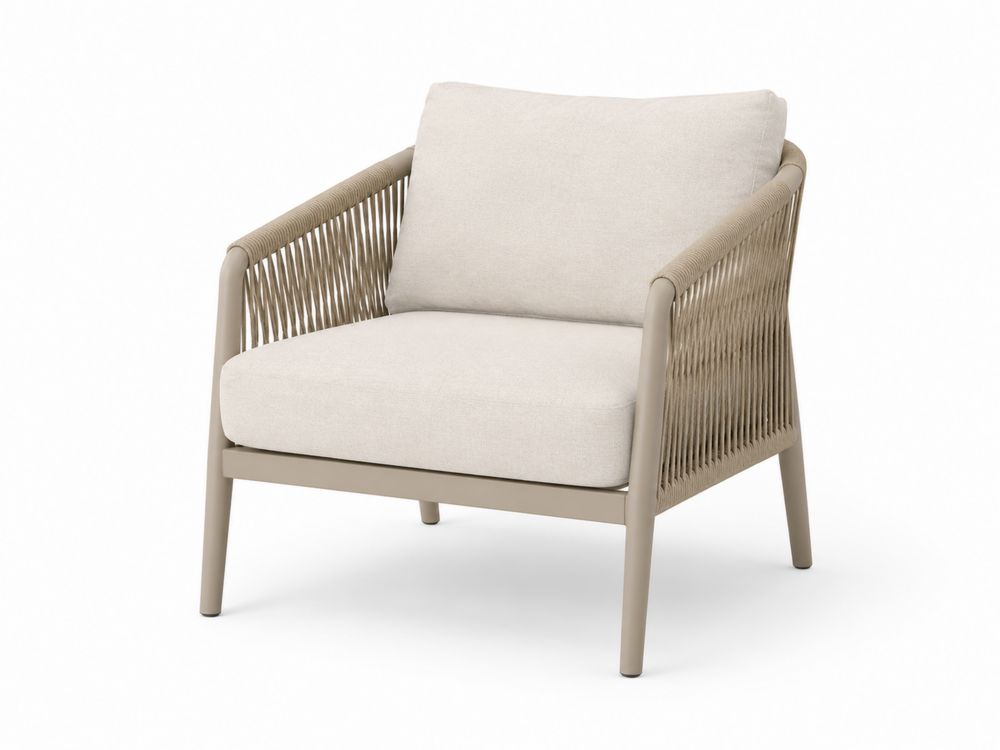 Sillón de exterior con estructura de aluminio y cuerda sintética beige, cojines de poliéster, 80x75x70cm-stonevilae