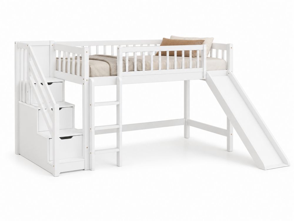 Cama alta infantil de madera con escalera y tobogán Blanco-stonevilae