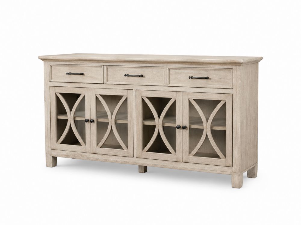 Aparador de madera con puertas de vidrio templado de 5 mm y cajones 150x40x95 cm Beige-stonevilae