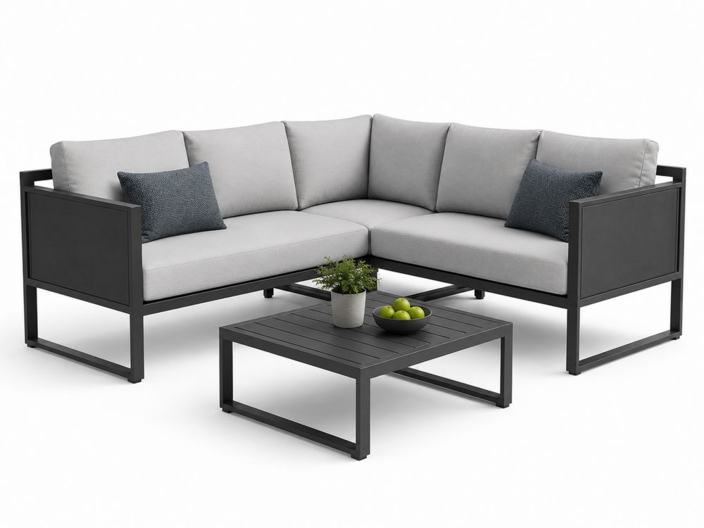 Conjunto de sofá esquinero de aluminio gris con mesa de centro-stonevilae