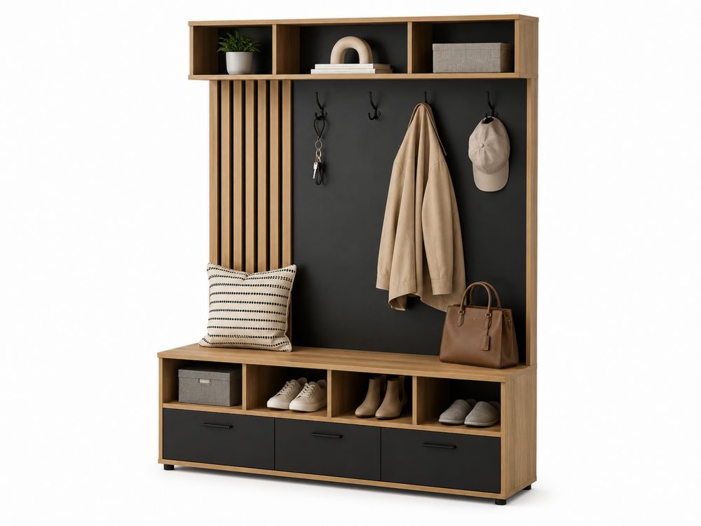 Perchero de Pared con Banco de Madera y Negro-stonevilae