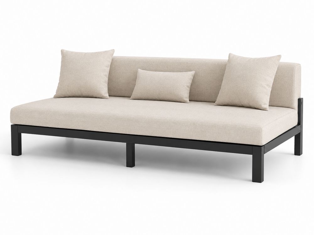 Sofá cama de tela beige con estructura metálica negra-stonevilae