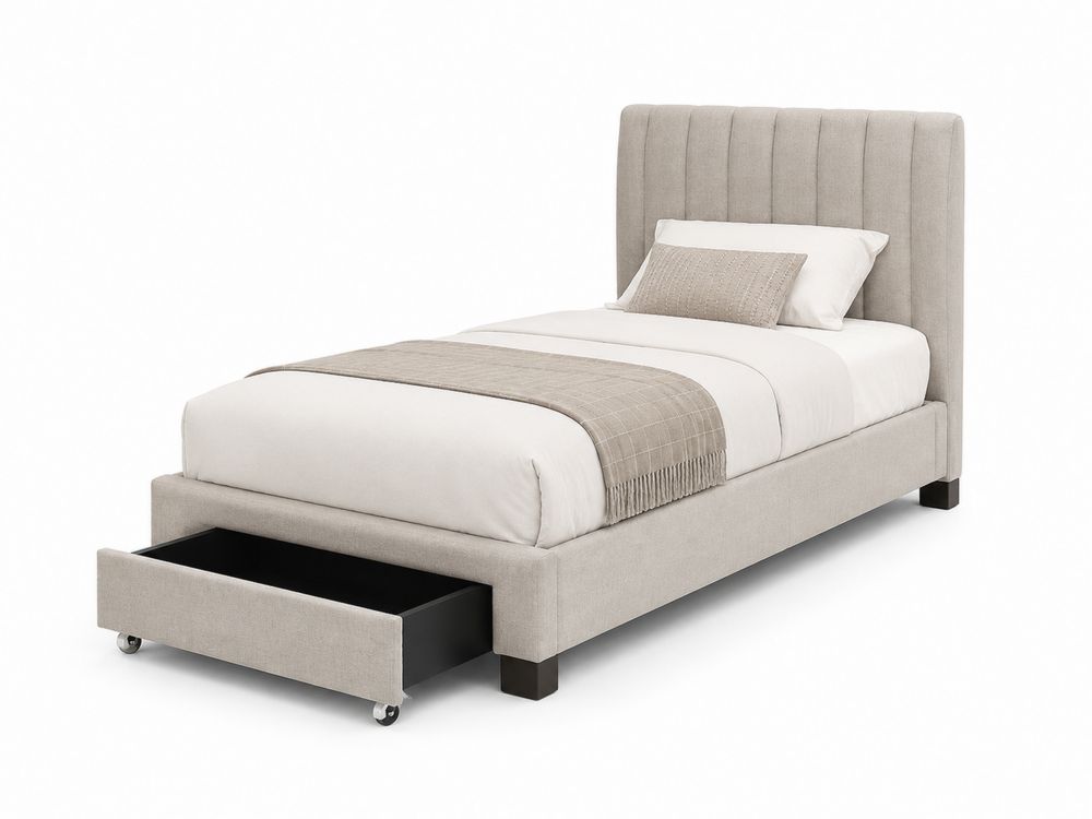 Cama Individual con Cabecero Tapizado Beige y Cajón de Almacenamiento-stonevilae