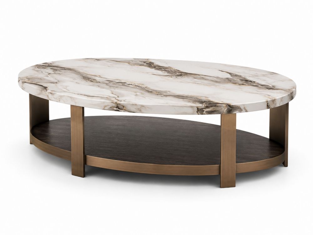 Mesa de centro ovalada de mármol y metal con estante-stonevilae