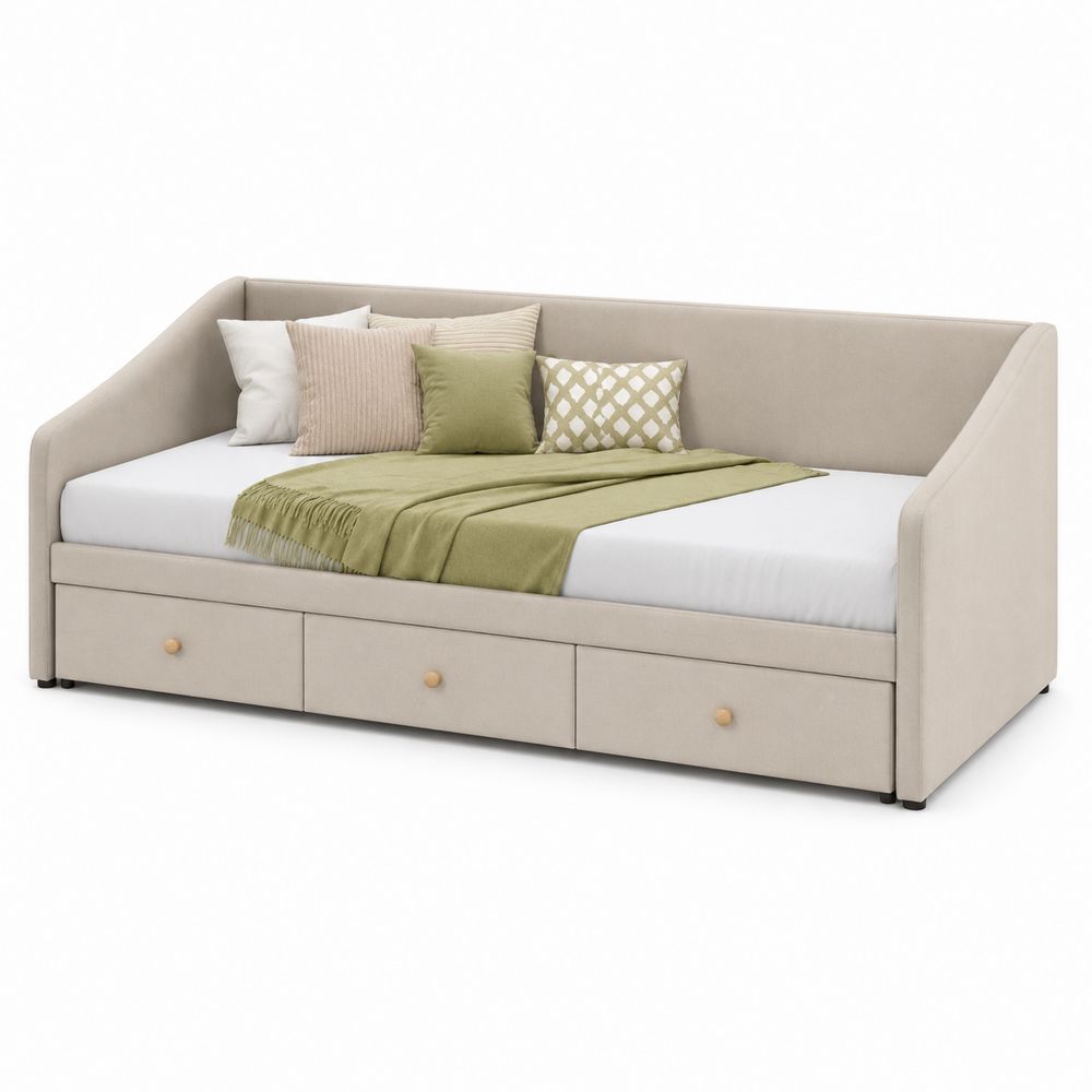 Sofá cama con cajones de madera y tela beige-stonevilae