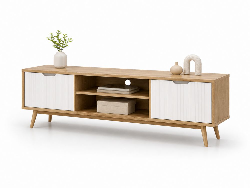 Mueble TV de Madera de Roble y MDF Blanco-stonevilae