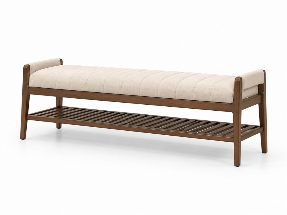 Banco de madera con tapizado de poliéster beige y estante inferior-stonevilae