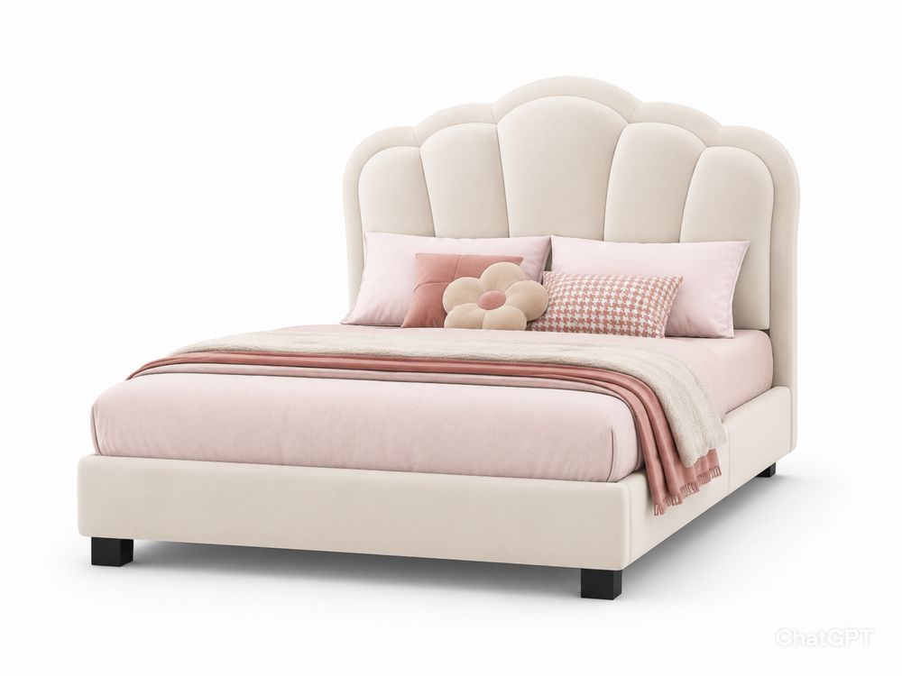 Cama tapizada de terciopelo beige con cabecero y almohadas decorativas-stonevilae