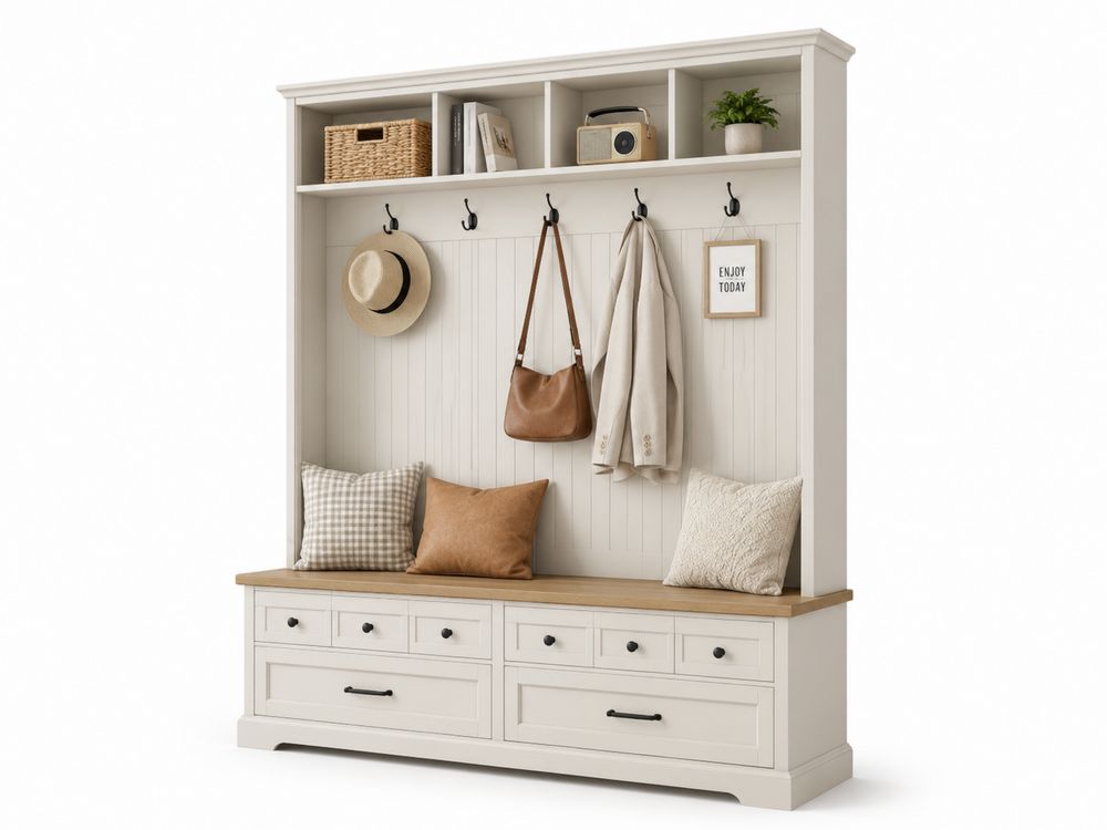 Recibidor con Perchero, Banco y Almacenamiento de Madera MDF, Blanco 190x140x40 cm-stonevilae