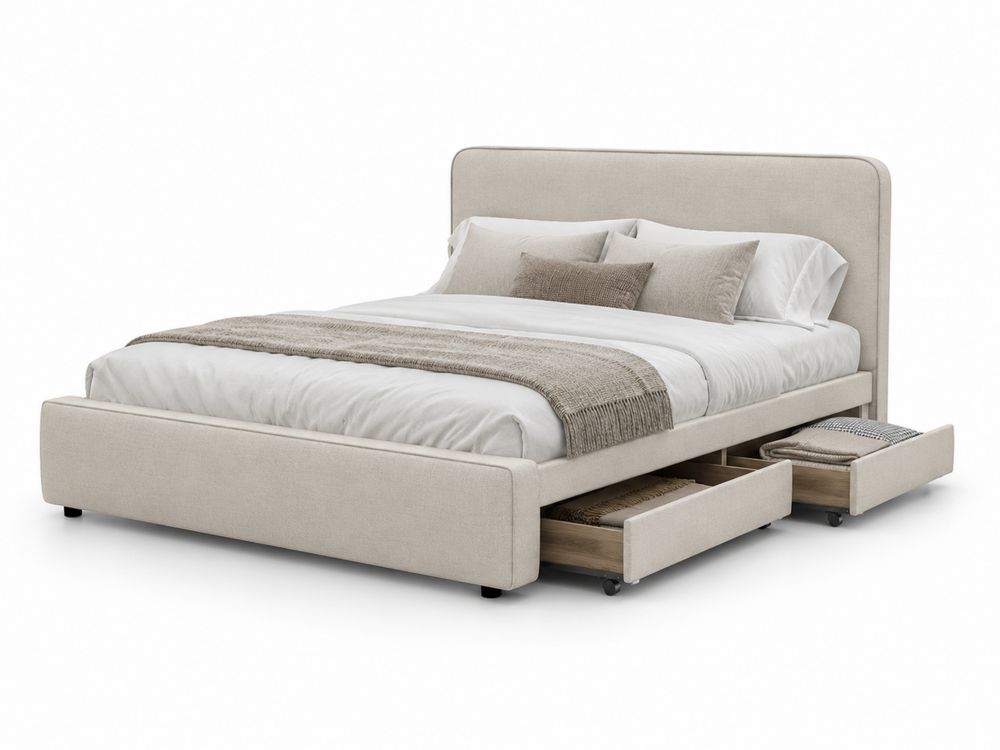 Cama doble tapizada con almacenamiento de tela Beige-stonevilae