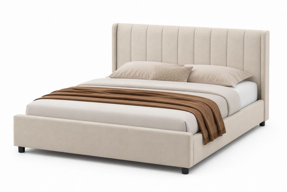 Cama plataforma con cabecero tapizado en poliéster beige 200x160 cm-stonevilae
