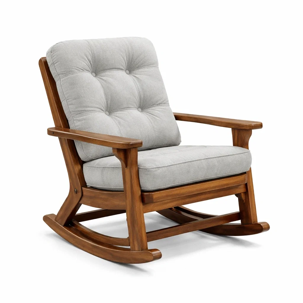 Sedia a dondolo in legno massello con cuscini in tessuto grigio-LUXEVIBESANCTUARY