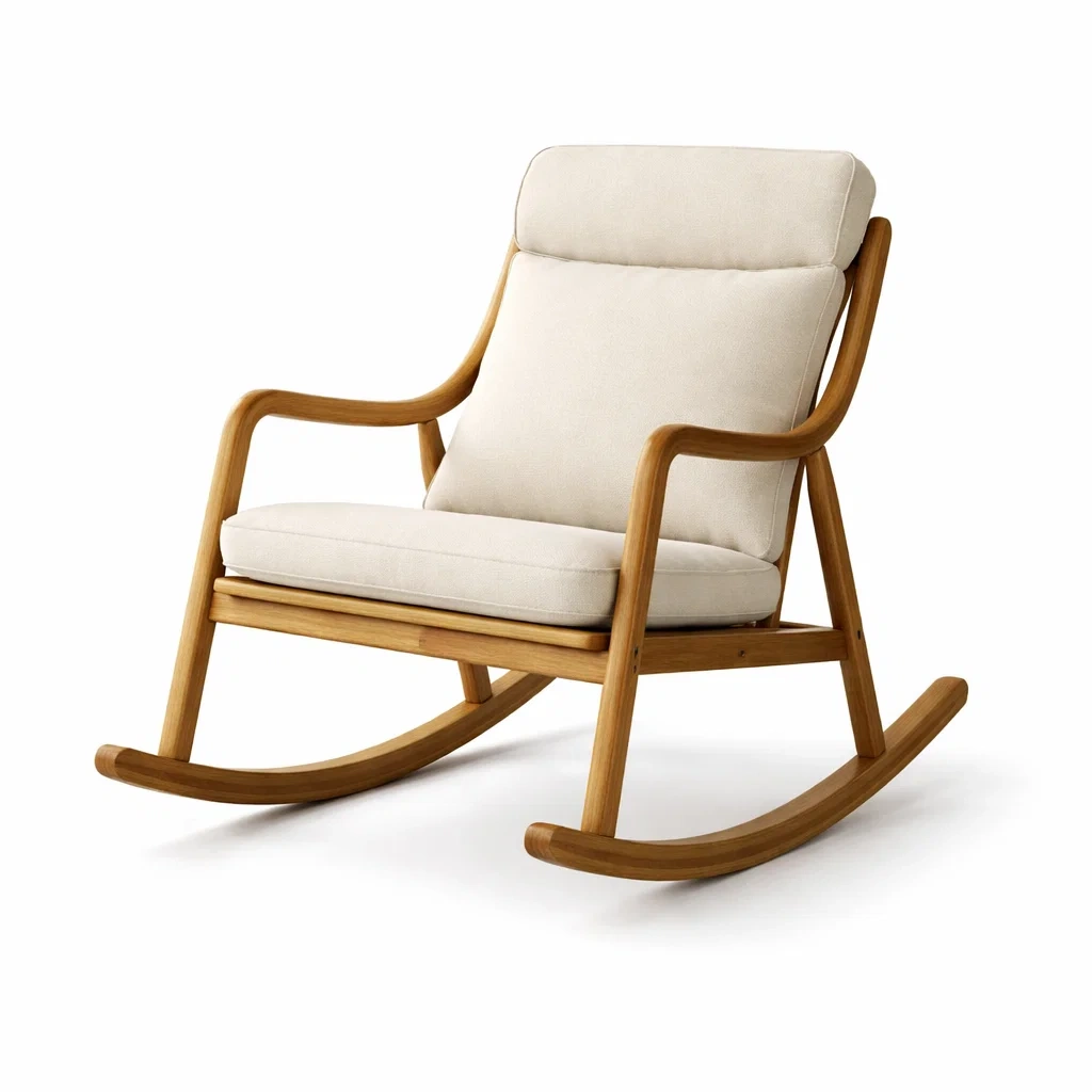 Sedia a dondolo in legno e tessuto beige-LUXEVIBESANCTUARY