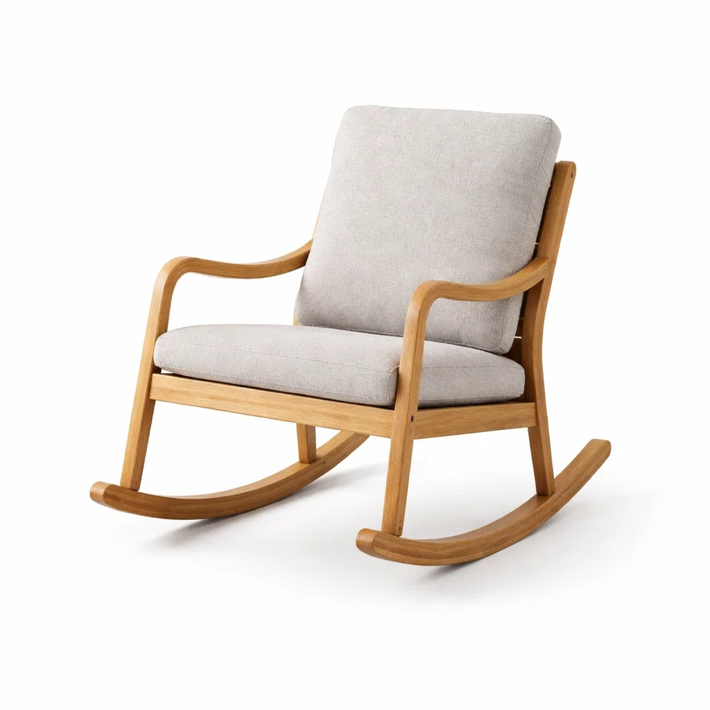 Sedia a dondolo in legno con cuscini in tessuto grigio-LUXEVIBESANCTUARY