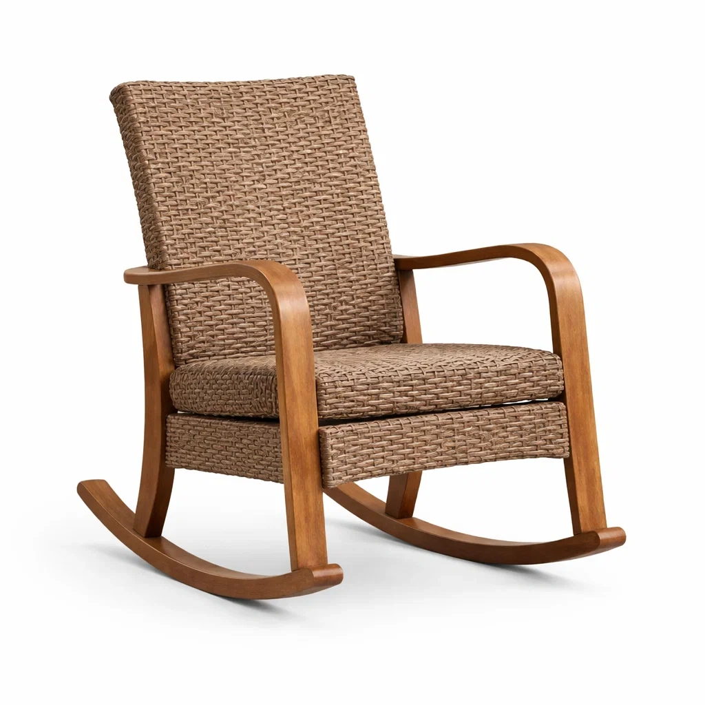 Sedia a dondolo in rattan intrecciato e legno di faggio-LUXEVIBESANCTUARY