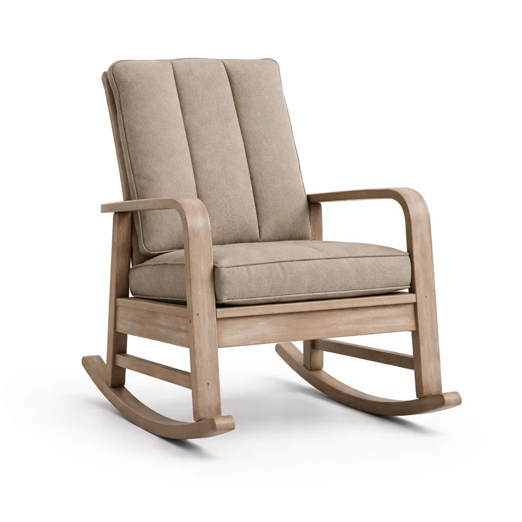 Sedia a dondolo in legno con cuscini in tessuto-LUXEVIBESANCTUARY