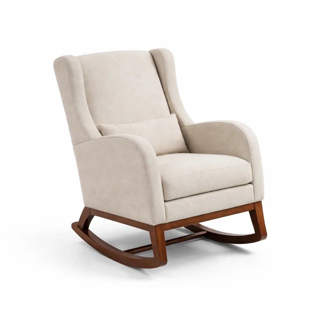 Sedia a dondolo in tessuto beige con struttura in legno massiccio-LUXEVIBESANCTUARY