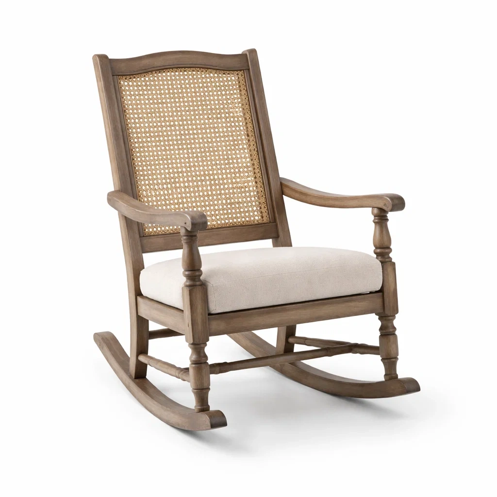 Sedia a dondolo in legno di mango e rattan con seduta beige-LUXEVIBESANCTUARY
