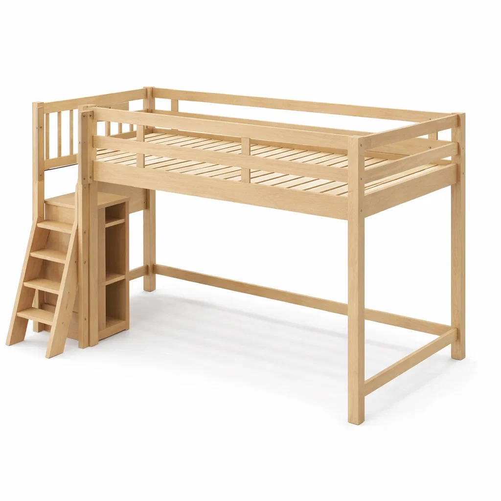 Letto a soppalco in legno di pino con scala e ripiani-LUXEVIBESANCTUARY