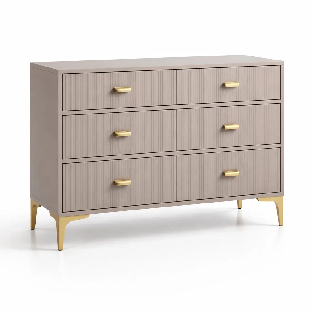 Cassettiera in mdf e metallo dorato crema con cassetti-LUXEVIBESANCTUARY