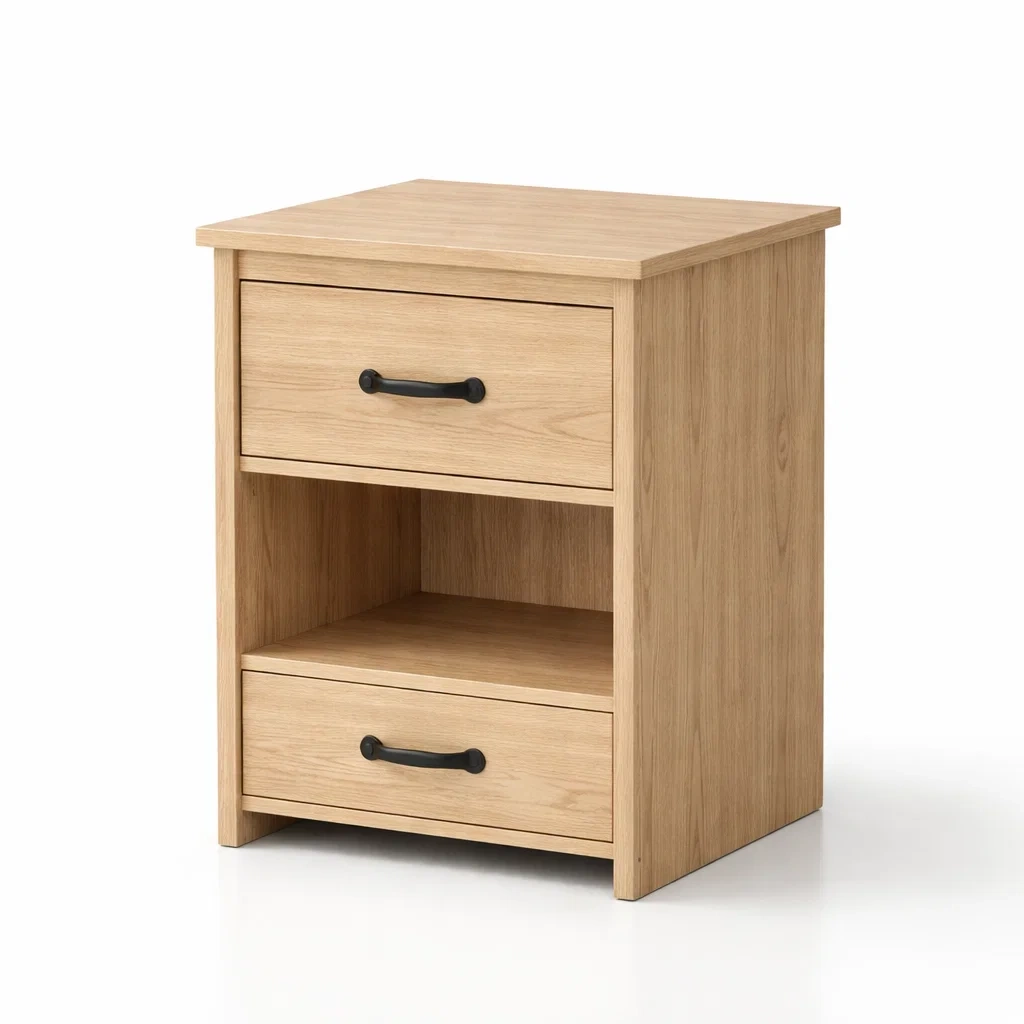 Comodino in legno di quercia con cassetti e scomparto aperto-LUXEVIBESANCTUARY