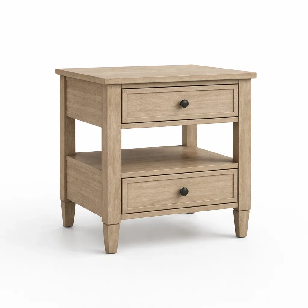 Comodino in legno di pino con cassetti e ripiano aperto-LUXEVIBESANCTUARY