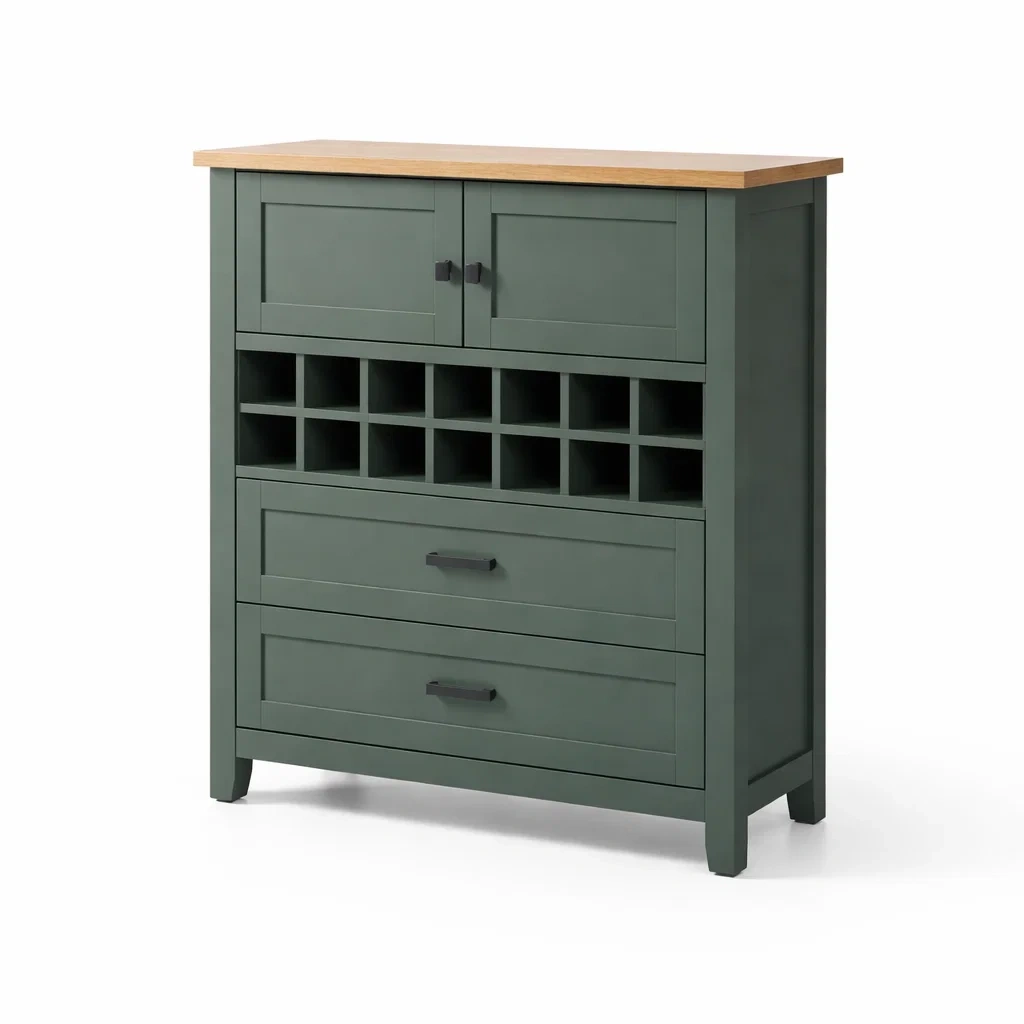 Credenza in legno mdf verde con portabottiglie e piano in legno-LUXEVIBESANCTUARY