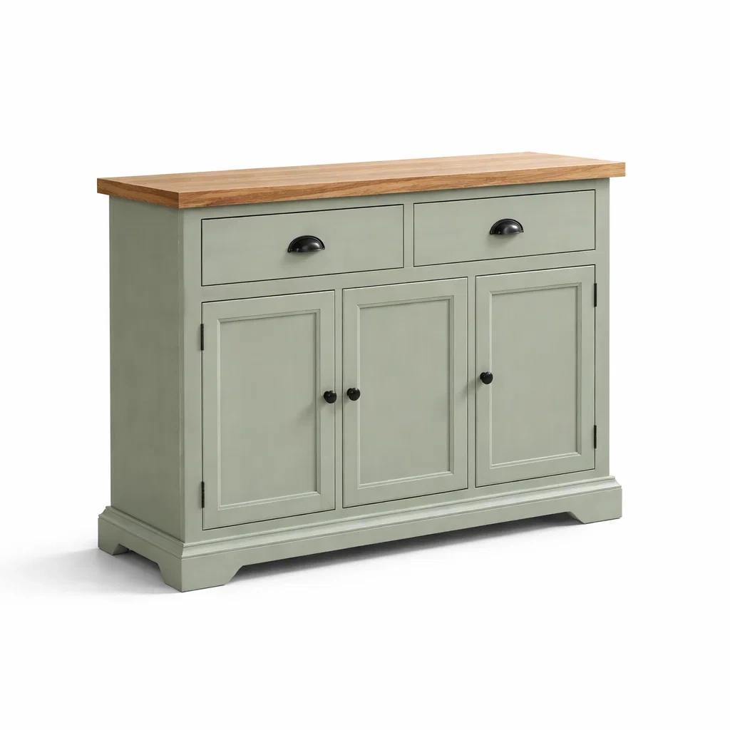 Credenza in legno con ripiano in rovere cassetti e ante verde-LUXEVIBESANCTUARY