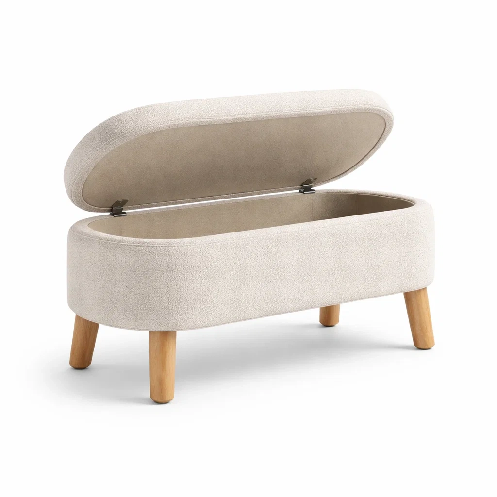 Panca contenitore in tessuto poliestere beige con gambe in legno di quercia-LUXEVIBESANCTUARY