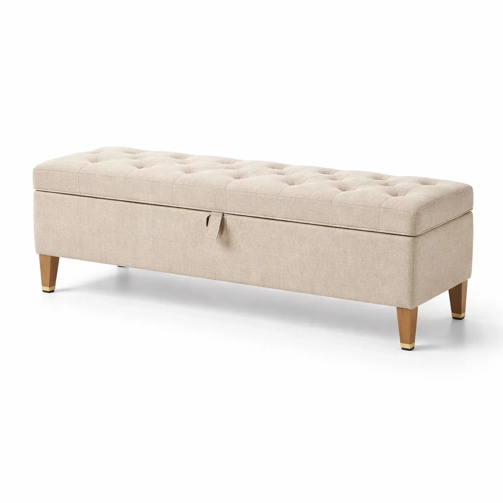 Panca contenitore in lino beige con piedi in legno-LUXEVIBESANCTUARY