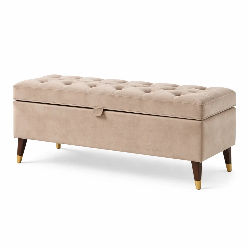Panca contenitore in velluto beige con gambe in legno e terminali in metallo-LUXEVIBESANCTUARY