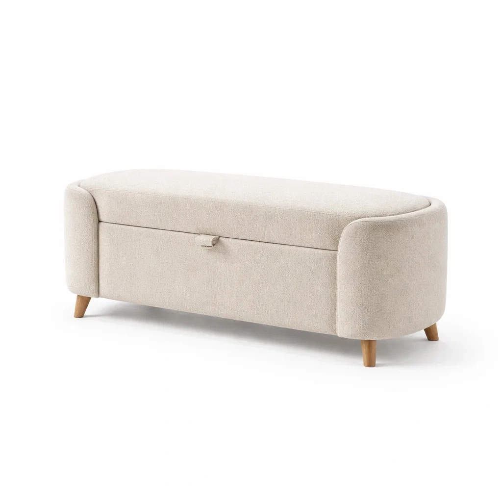Panca contenitore in tessuto poliestere beige con gambe in legno-LUXEVIBESANCTUARY