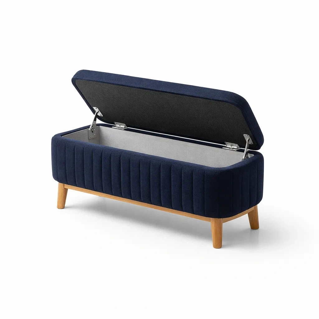 Panca contenitore in velluto blu scuro con gambe in legno-LUXEVIBESANCTUARY