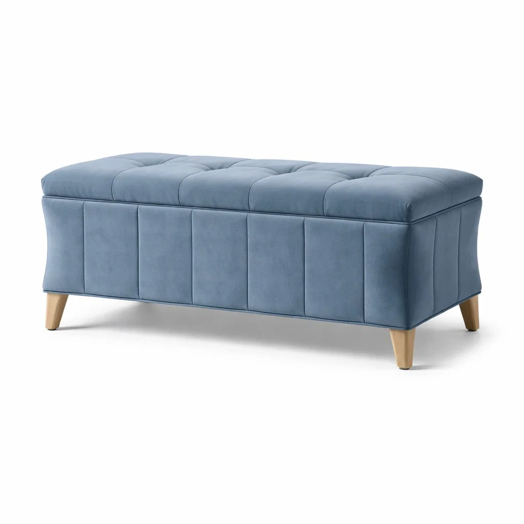 Panca contenitore in velluto blu con gambe in legno-LUXEVIBESANCTUARY