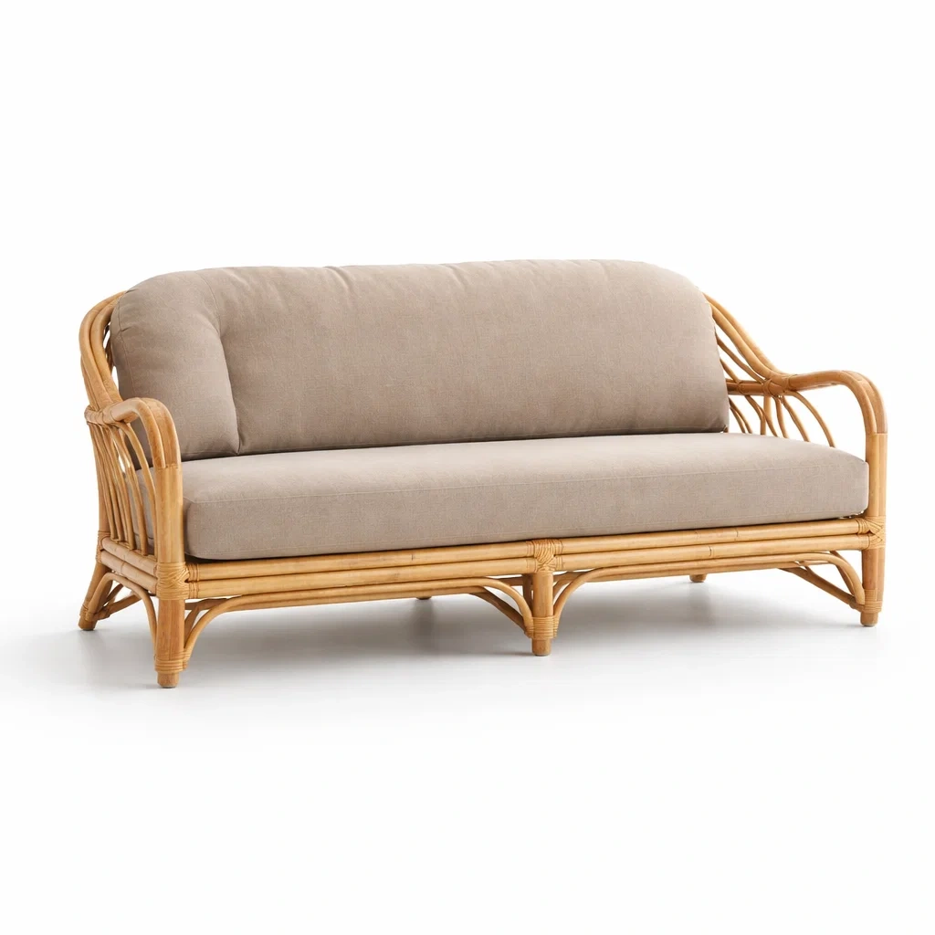 Divano in rattan con cuscini in tessuto beige-LUXEVIBESANCTUARY