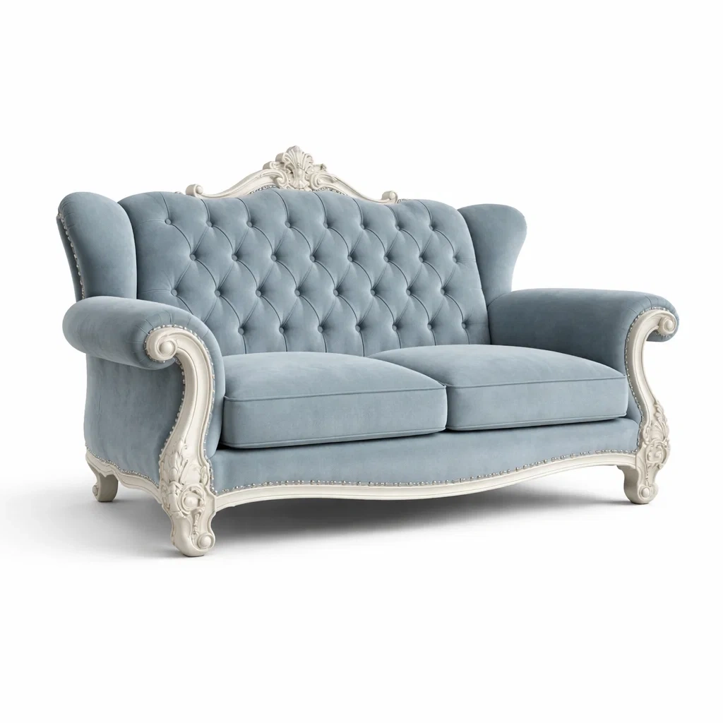 Divano due posti in velluto e legno blu e bianco-LUXEVIBESANCTUARY