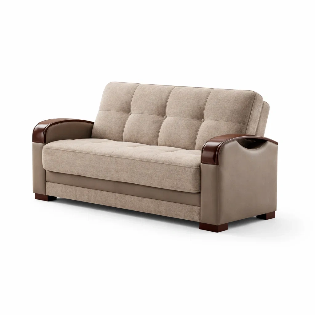 Divano in tessuto beige con braccioli in legno-LUXEVIBESANCTUARY